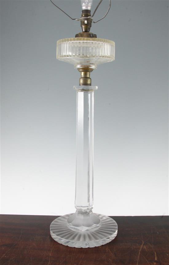 A tall Edwardian cut and frosted glass oil lamp base, 73.5cm to top of fittings